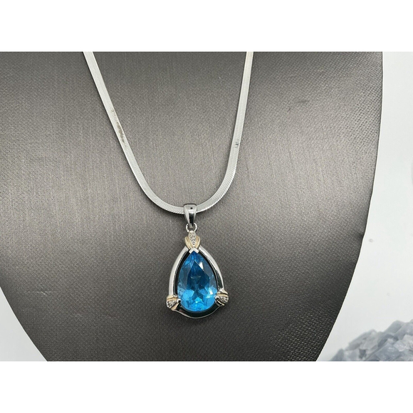925/14k Blue Topaz 16mm x 10mm w/ Diamond Chips Pendant w/ 24” Chain - Picture 1 of 5